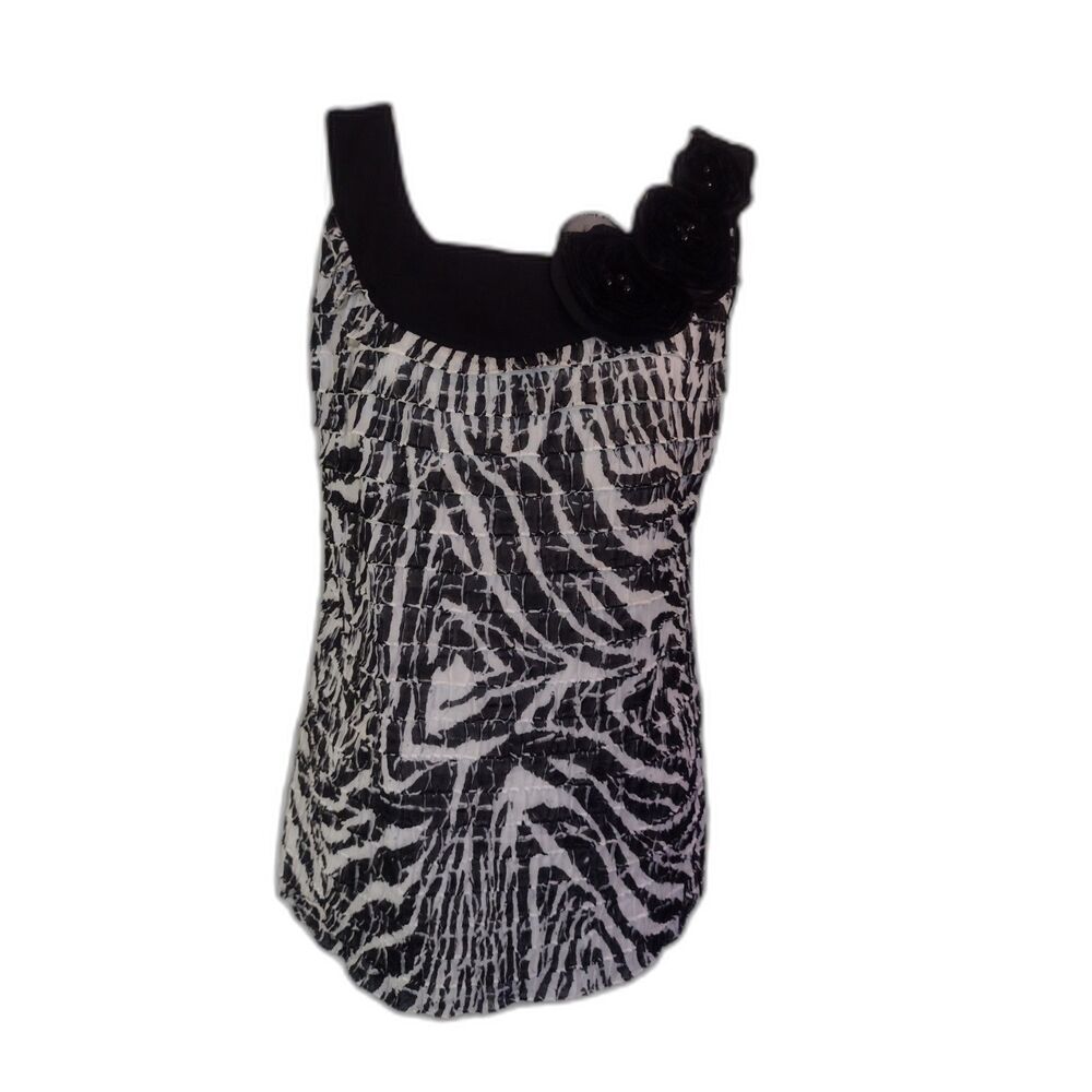 Cato Black & White Zebra Print Ruffled Tank Top with Floral Accent - Sz L